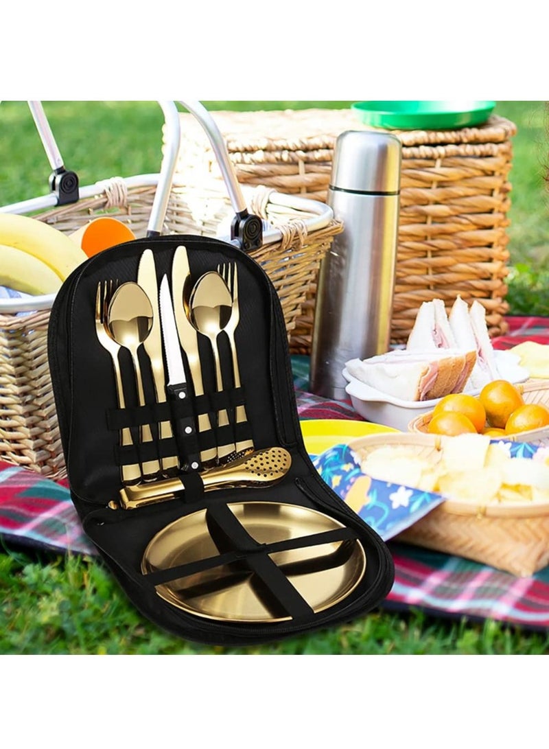 Stainless Steel Tableware Set for Camping and Picnics - Portable 10 Piece Kit with Knife, Fork, Spoon, Plate, and Steak Clip