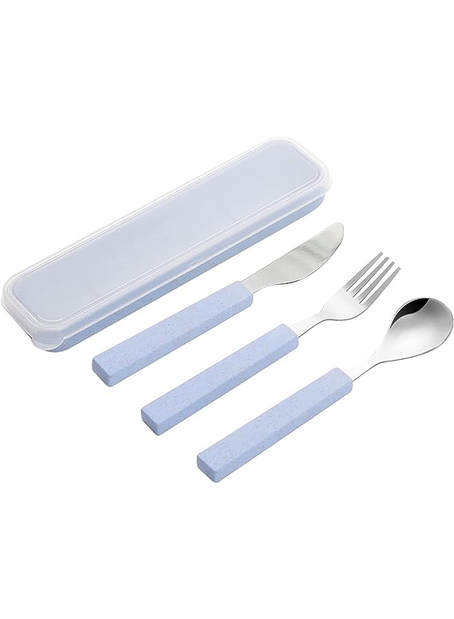 Set Children Utensils Set 18/10 Stainless Steel Child Silverware Knife Spoon Fork Set with Travel Case for Kids Lunch Box 3-Piece (Blue)