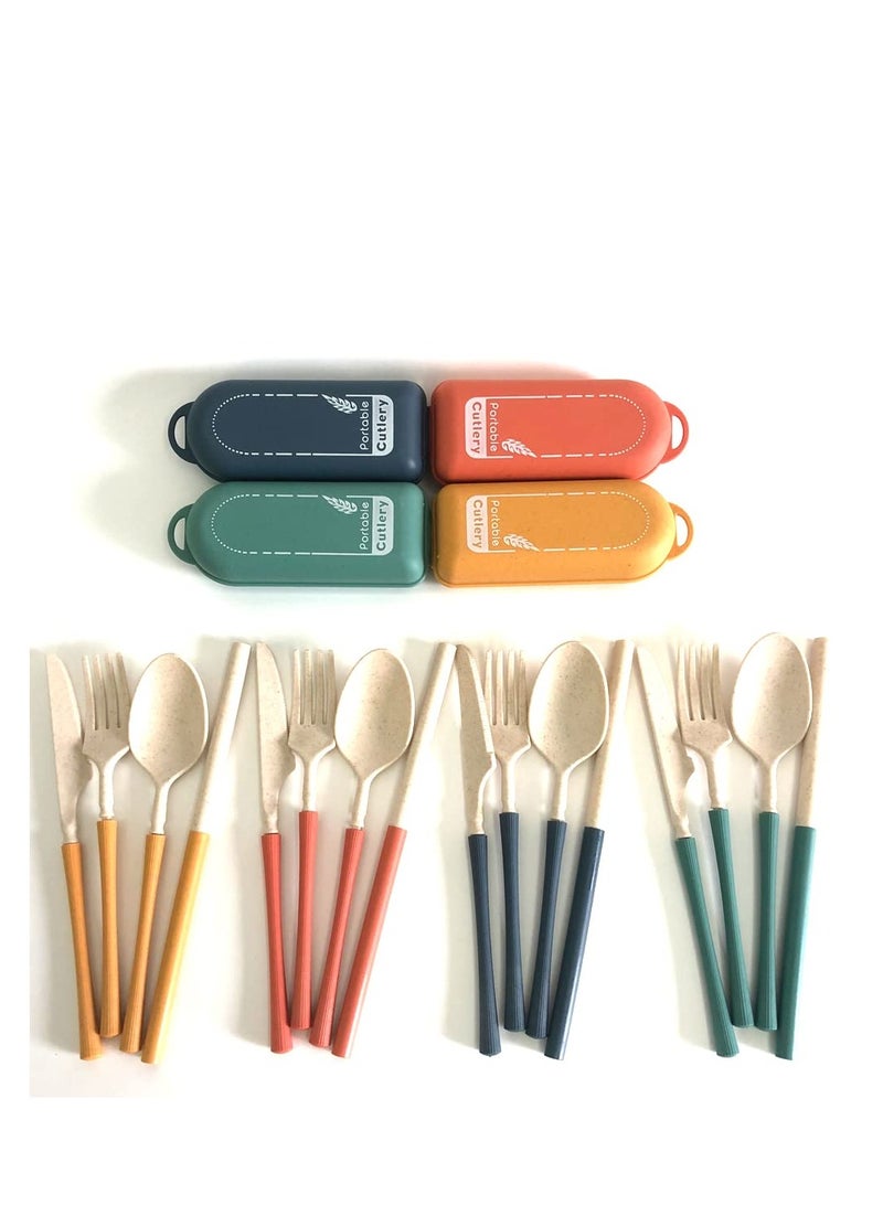 Travel Utensil Set with Case, 4 Sets Wheat Straw Utensils, Reusable Travel Utensils Set, Lunch Box Utensils Set, Portable Detachable Cutlery for Kids Adult School Travel Picnic Camping or Daily Use