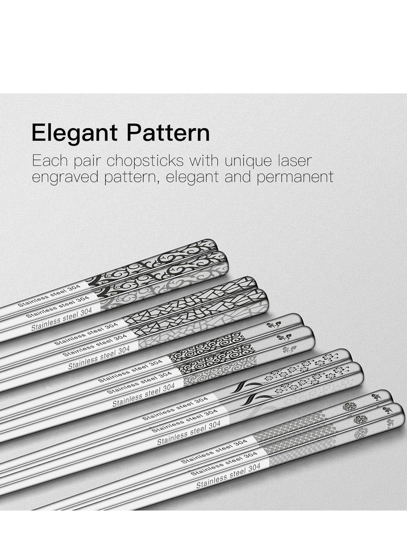 Metal Chopsticks Reusable 18/8 Stainless Steel Chopsticks Multipack Dishwasher Safe Chop Sticks Laser Engraved Non-slip Chopstick for Cooking Eating 9 1/4 Inches 5 Pairs Gift Set
