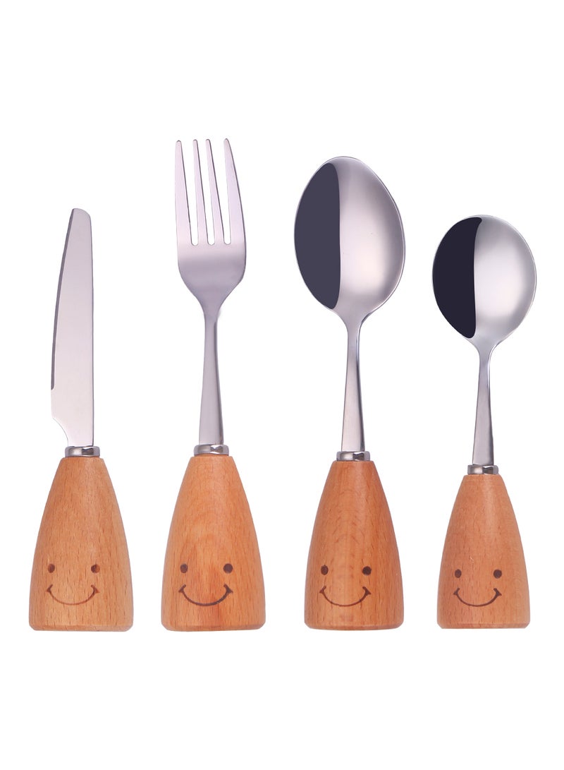 4-Piece Kids Stainless Steel Knife Fork Spoon Set With Wooden Handle Silver/Brown