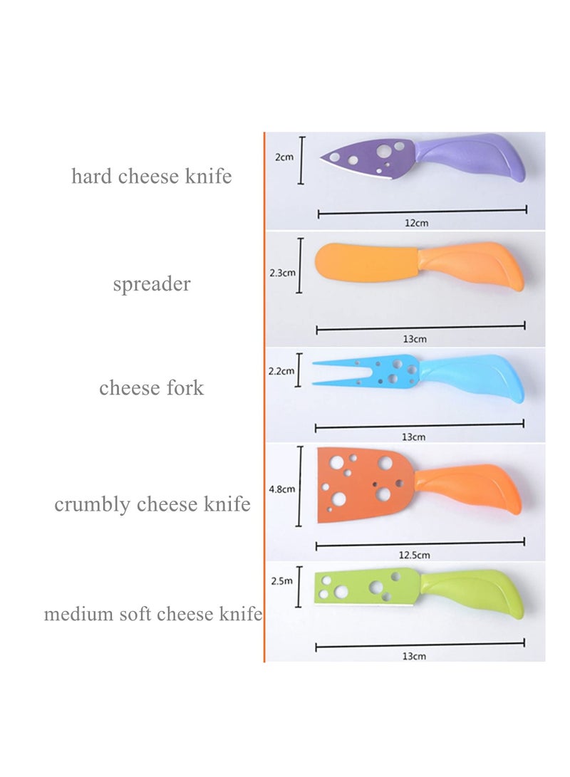 Cheese Knife Set, KASTWAVE Stainless Steel Cheese Knife Fork Spreader with Colorful Handles, Accessory for Deli Platter and Cheese Board Mini Charcuterie Utensils With Full-Length Blades (5 Pcs)