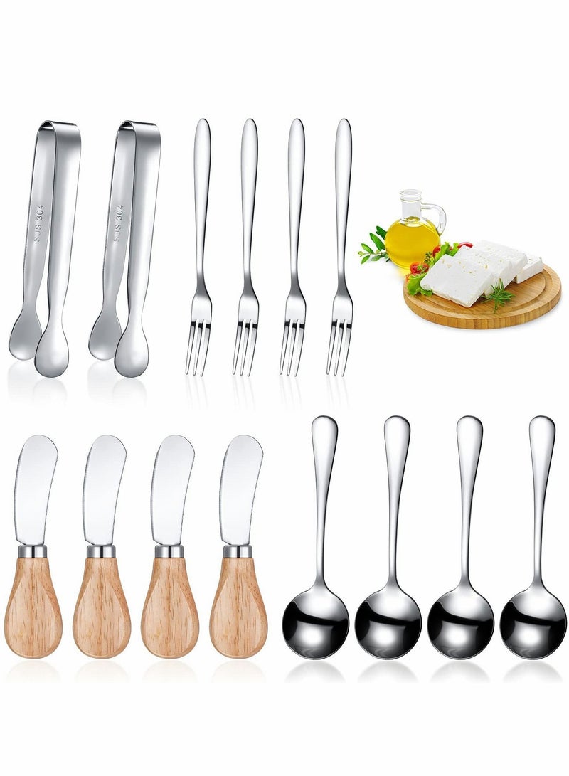 Cheese Butter Spreader Knives Set Stainless Steel Slicer with Wooden Handles Mini Serving Tongs Spoons and Forks for Butter, Pastry Making (Silver,14 Pieces)