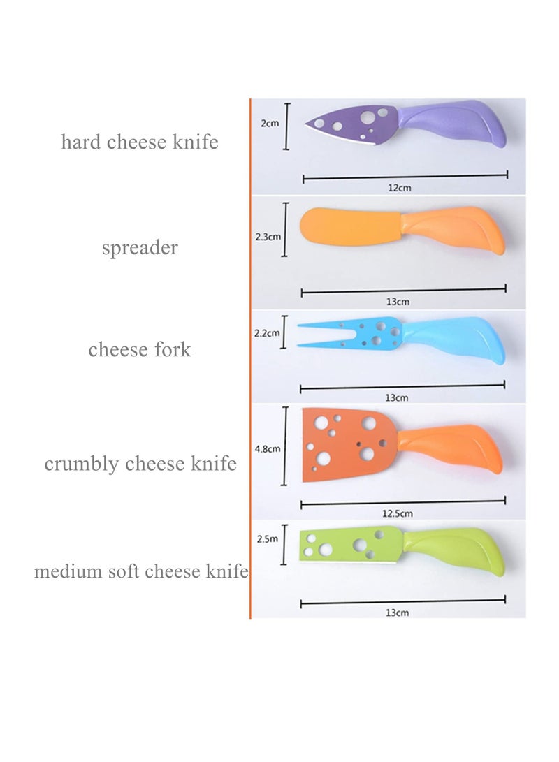 5 Pcs Cheese Knife Set Stainless Steel Fork Spreader with Colorful Handles Accessory for Deli Platter and Board Mini Charcuterie Utensils With Full Length Blades