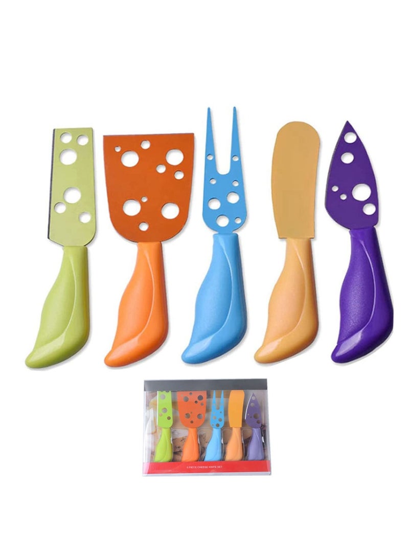 Cheese Knife Set, Stainless Steel Cheese Knife Fork Spreader with Colorful Handles, Accessory for Deli Platter and Cheese Board Mini Charcuterie Utensils With Full-Length Blades (5 Pcs)