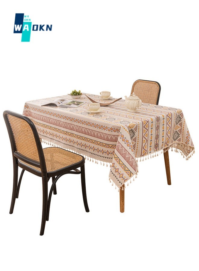 140 x 180 cm Cotton Linen Tablecloth for Dining Table, Bohemian Style Tassel Non Wrinkled Tabletop Cover,Rrectangular Tabletop Protection for Kitchen and Dinner