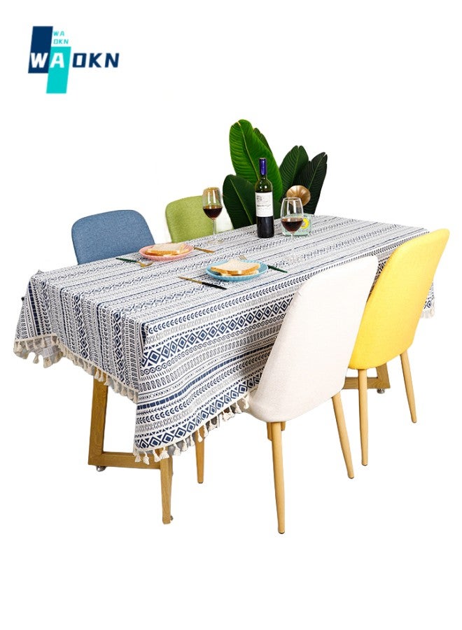 Bohemian Style Printed Tablecloth (140 X 180 cm), Durable Linen Kitchen Tabletop Cover, Washable and Dustproof Coffee Table Protection, Home Tabletop Decoration (Blue)