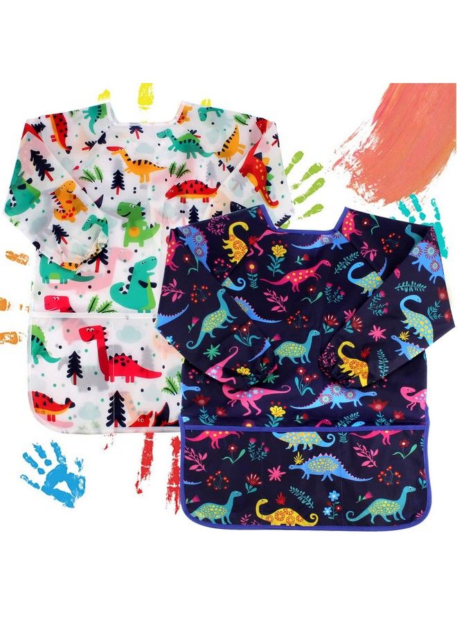 2 Pack Kids Painting Apron Children Waterproof Artist Apron With Long Sleeve And 3 Pockets For Child 38 Years For Art Craft Cooking Baking Feeding (Dinosaur Pattern)