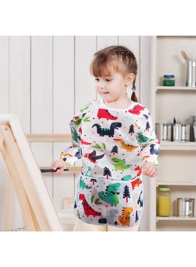 2 Pack Kids Painting Apron Children Waterproof Artist Apron With Long Sleeve And 3 Pockets For Child 38 Years For Art Craft Cooking Baking Feeding (Dinosaur Pattern)