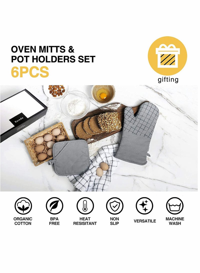 Oven Mitts and Pot Holders Sets, 550°F High Heat Resistant Oven Mitts with Kitchen Towels Thick Cotton Oven Gloves with Non-Slip Silicone for Cooking and Baking (6Pcs, Grey)