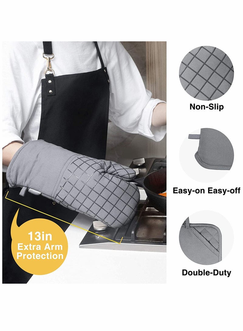 Oven Mitts and Pot Holders Sets, 550°F High Heat Resistant Oven Mitts with Kitchen Towels Thick Cotton Oven Gloves with Non-Slip Silicone for Cooking and Baking (6Pcs, Grey)