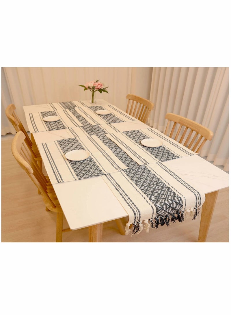 Table Runner Moroccan Boho Burlap Table Runner, Tufted Tassels for Wedding, Birthday Parties, Banquets, Engagements Bridal Shower, Rustic Farmhouse Dining Table 14 X 72 in