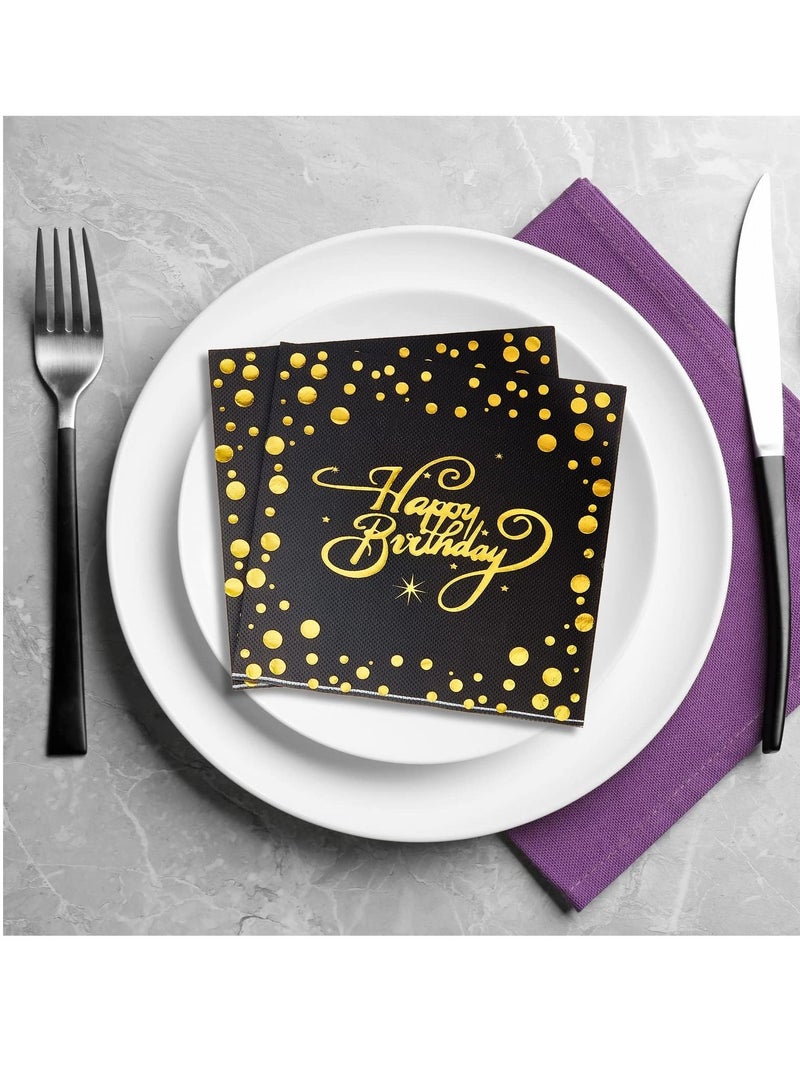 Happy Birthday Napkins Foiled Napkins, 60 Pcs Metallic Party Glitter Celebration Serviettes Cocktail for Anniversary Dinner Decoration