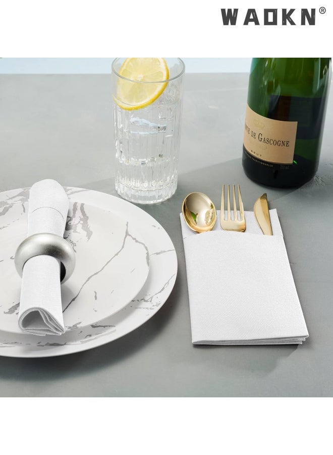Disposable Cloth Like Napkins, Built-in Flatware Pocket, Wedding Party Linen Feel White Napkin, Prefolded for Silverware,50 Pack Linen Feel Napkins