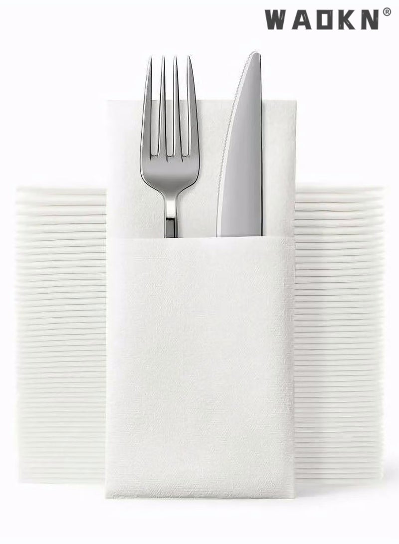 Disposable Cloth Like Napkins, Built-in Flatware Pocket, Wedding Party Linen Feel White Napkin, Prefolded for Silverware,50 Pack Linen Feel Napkins