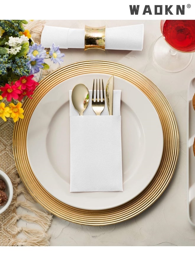 Disposable Cloth Like Napkins, Built-in Flatware Pocket, Wedding Party Linen Feel White Napkin, Prefolded for Silverware,50 Pack Linen Feel Napkins