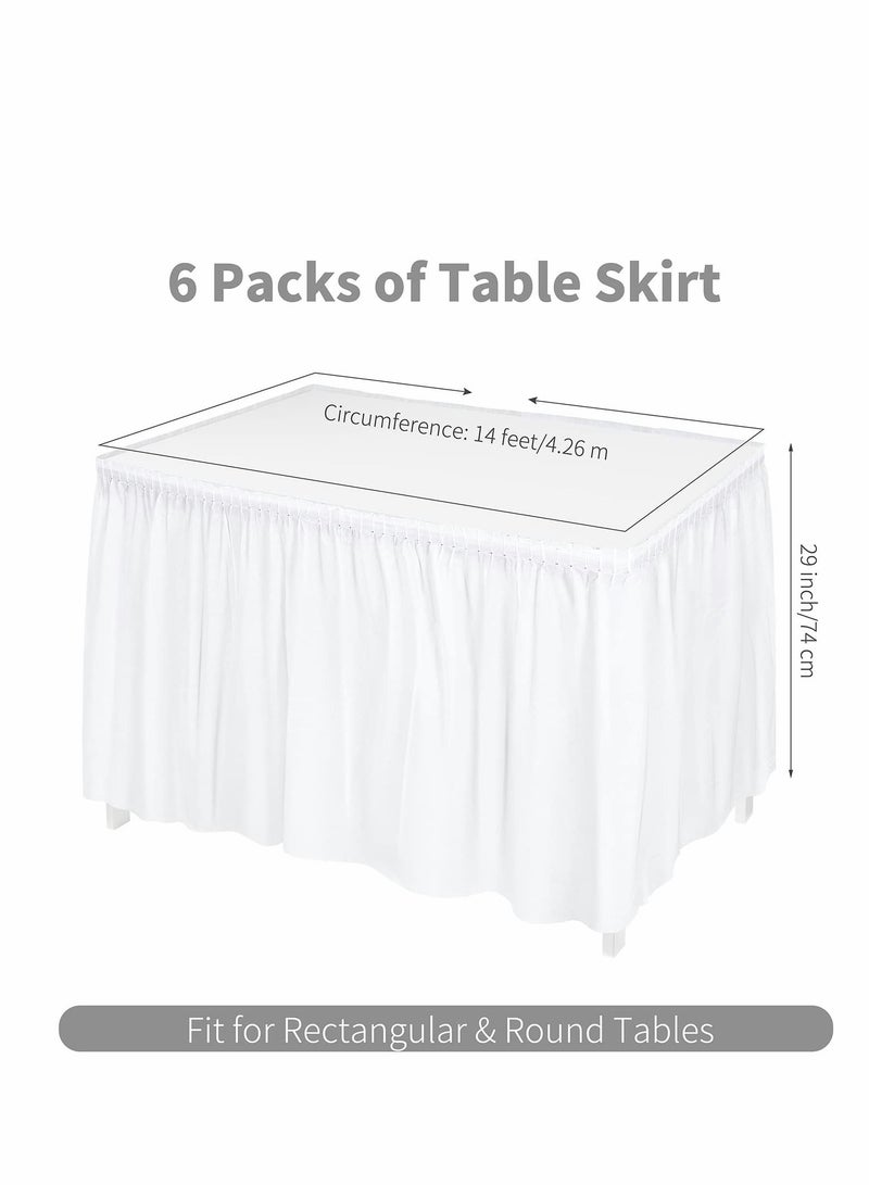 Table Skirt, Plastic Waterproof Reusable Tablecloth Skirt for Birthday Wedding Holiday Party Reception Decorations, White, 6 Pack, 14 Feet x 29 Inch