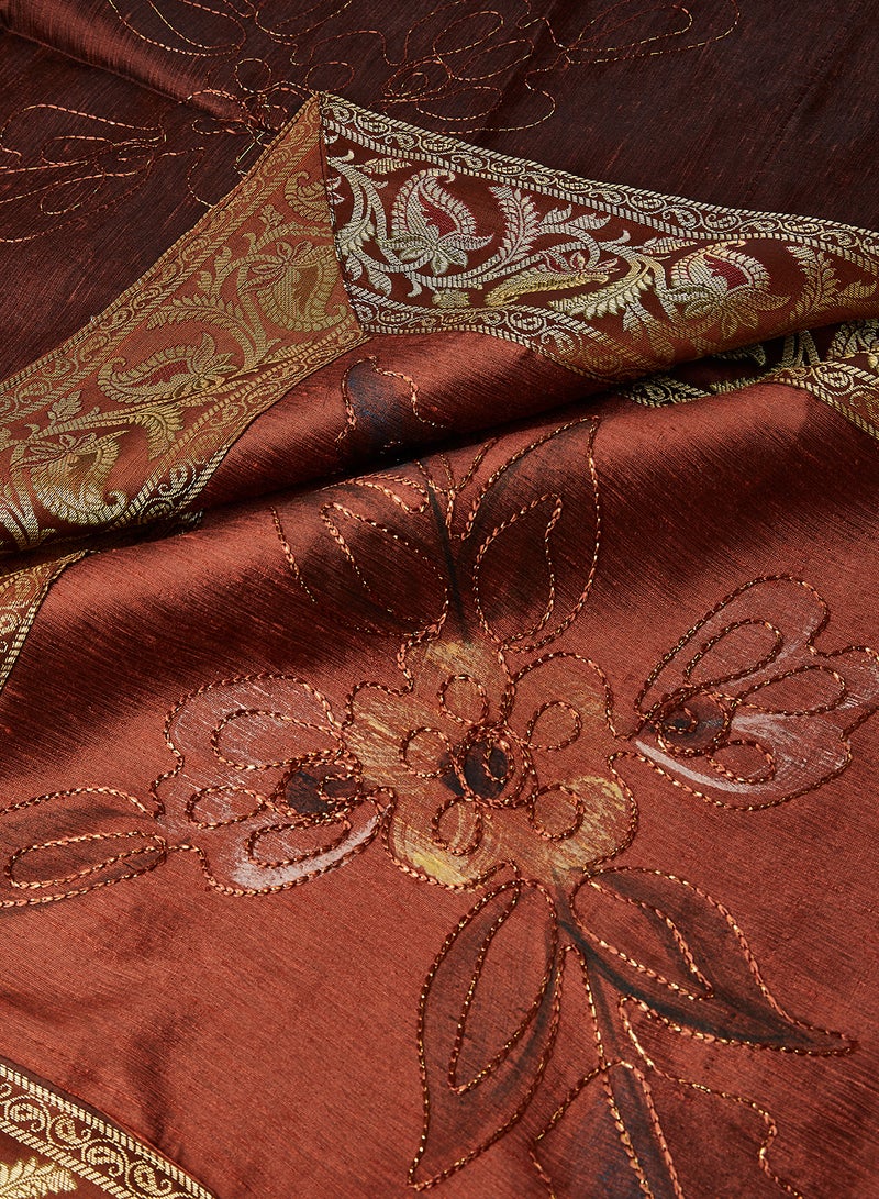 4-Piece Embroidered Runner With Placemat And Tissue Box Set Brown 100x50cm