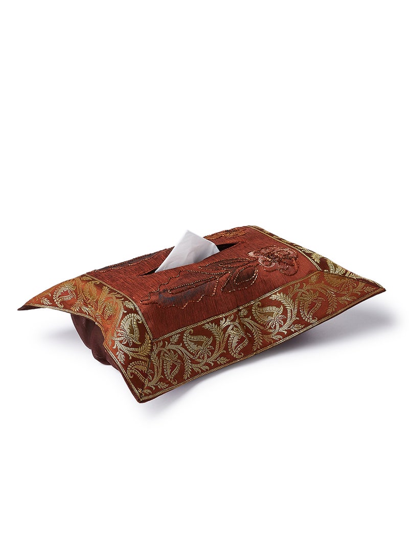4-Piece Embroidered Runner With Placemat And Tissue Box Set Brown 100x50cm