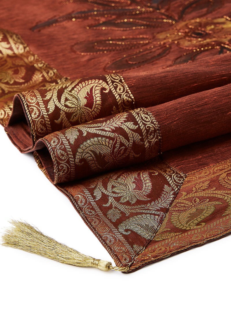 4-Piece Embroidered Runner With Placemat And Tissue Box Set Brown 100x50cm