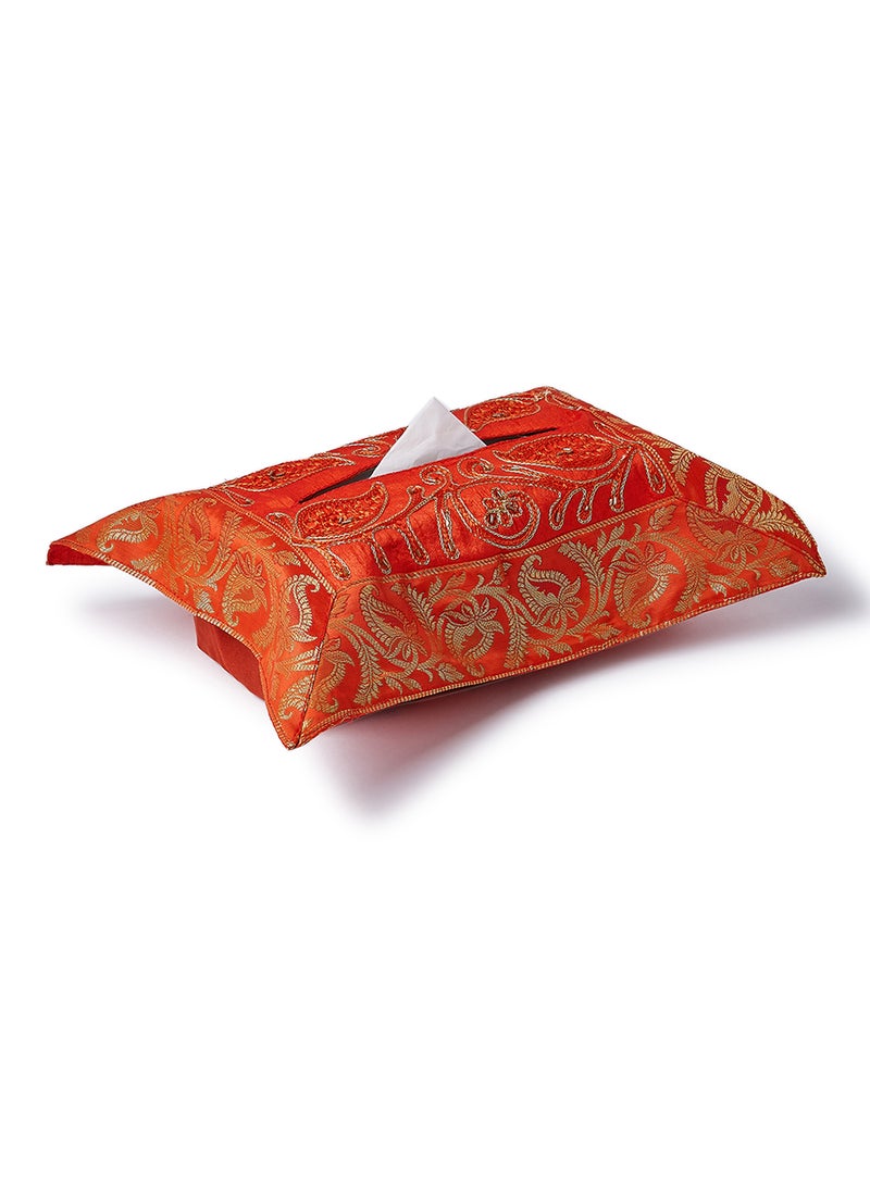 4-Piece Embroidered Runner With Placemat And Tissue Box Set Orange/Red 50x100cm