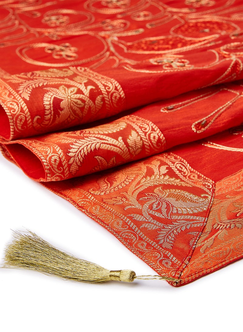 4-Piece Embroidered Runner With Placemat And Tissue Box Set Orange/Red 50x100cm