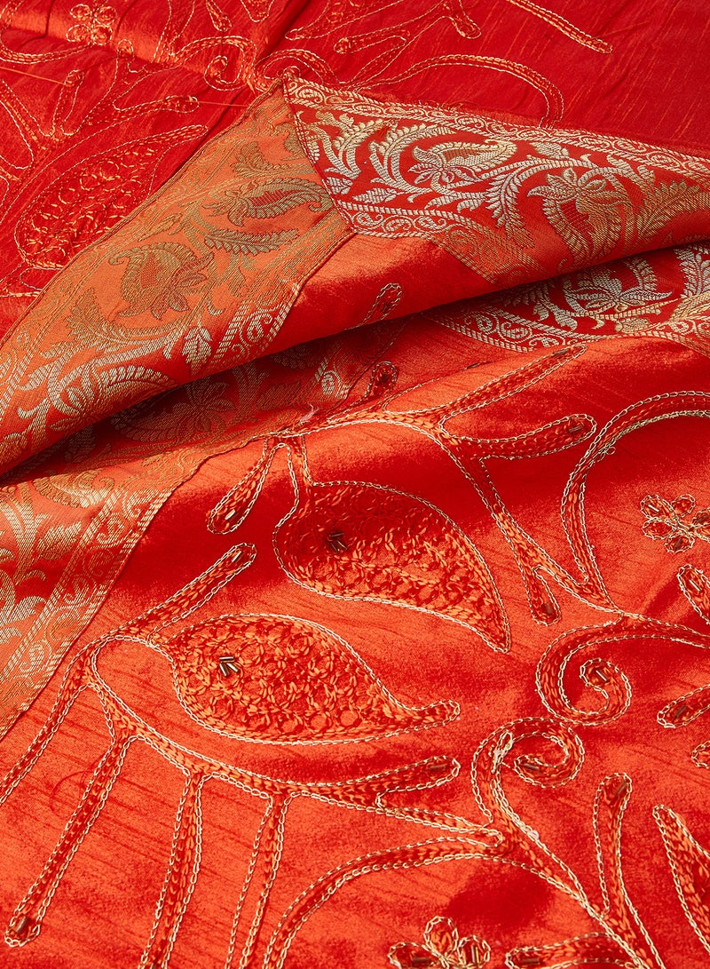 4-Piece Embroidered Runner With Placemat And Tissue Box Set Orange/Red 50x100cm