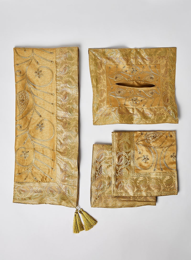 4-Piece Embroidered Runner With Placemat And Tissue Box Set Gold 50x100cm