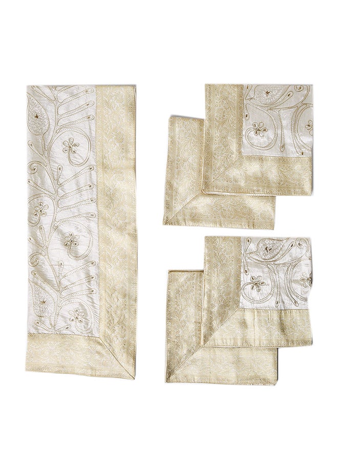 5-Piece Embroidered Placemat and Table Runner Set White/Beige
