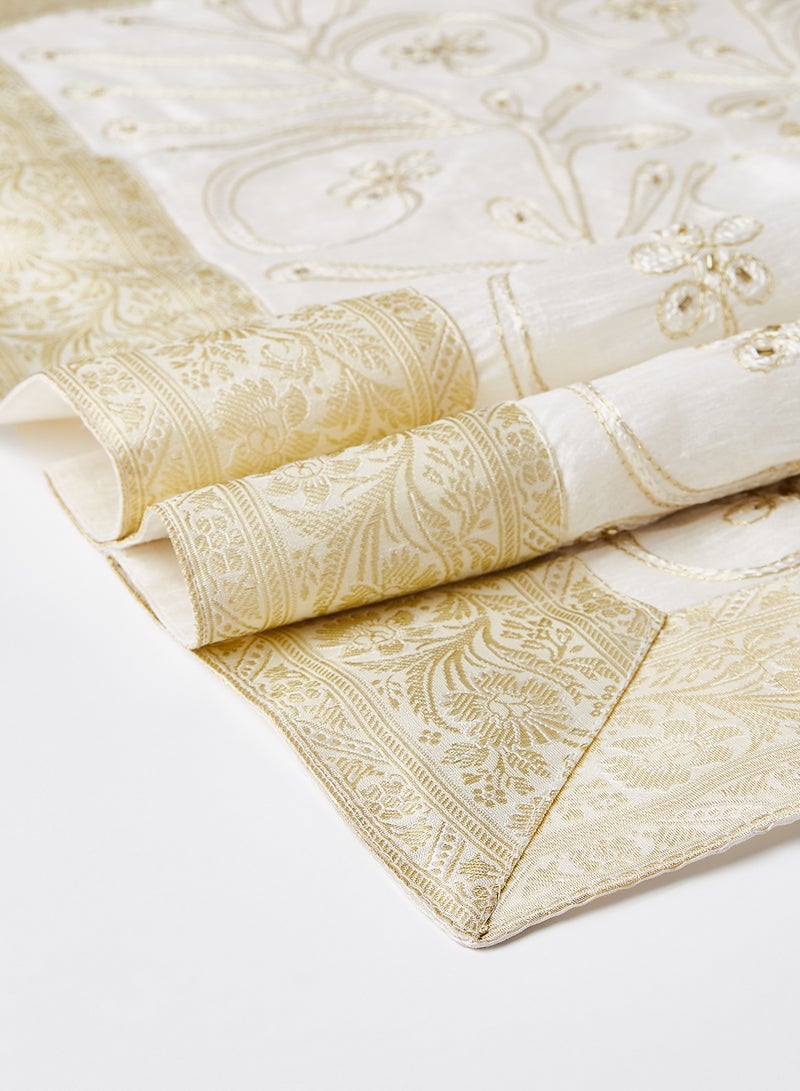 5-Piece Embroidered Placemat and Table Runner Set White/Beige