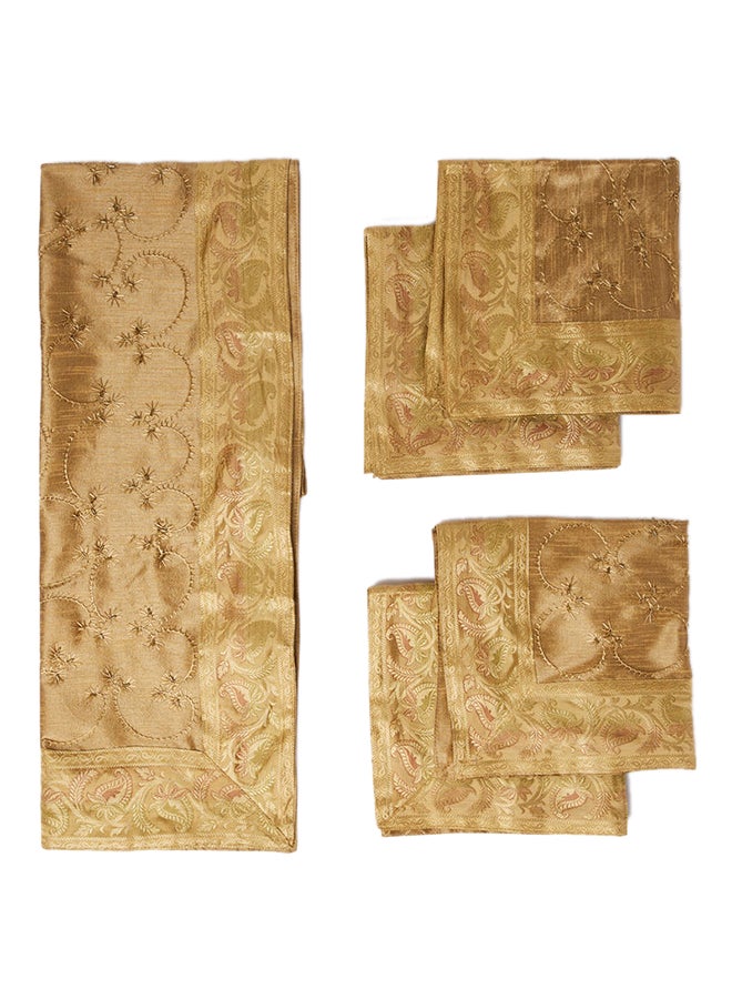 5-Piece Embroidered Placemat and Table Runner Set Gold