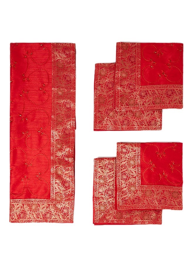 5-Piece Embroidered Placemat and Table Runner Set Red