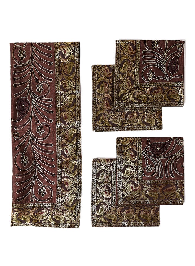 5-Piece Embroidered Placemat and Table Runner Set Brown