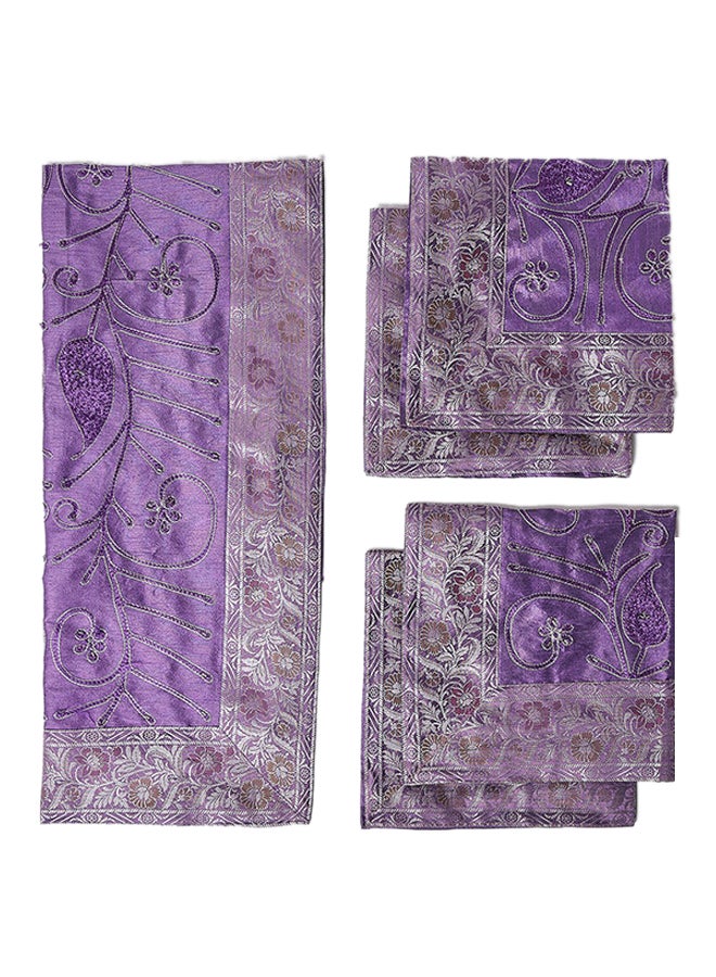 5-Piece Embroidered Placemat and Table Runner Set Purple