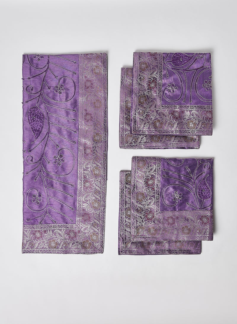 5-Piece Embroidered Placemat and Table Runner Set Purple