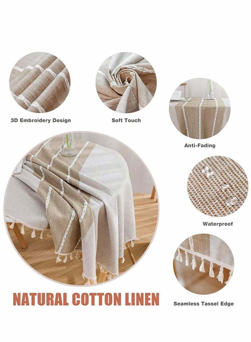 Simplicity and Fashion Table Cloth Tassel Cotton Linen Table Cover for Kitchen Dinning Wrinkle Free Table Cloths (Coffee, 60 in Round)