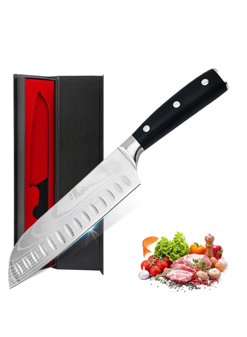 Kitchen Knife Santoku Knife 7 inch High Carbon Stainless Steel 7Cr17Mov Chef Knife Super Sharp Multipurpose Chopping Knife for Meat Vegetable Fruit with Ergonomic Wood Handle Black