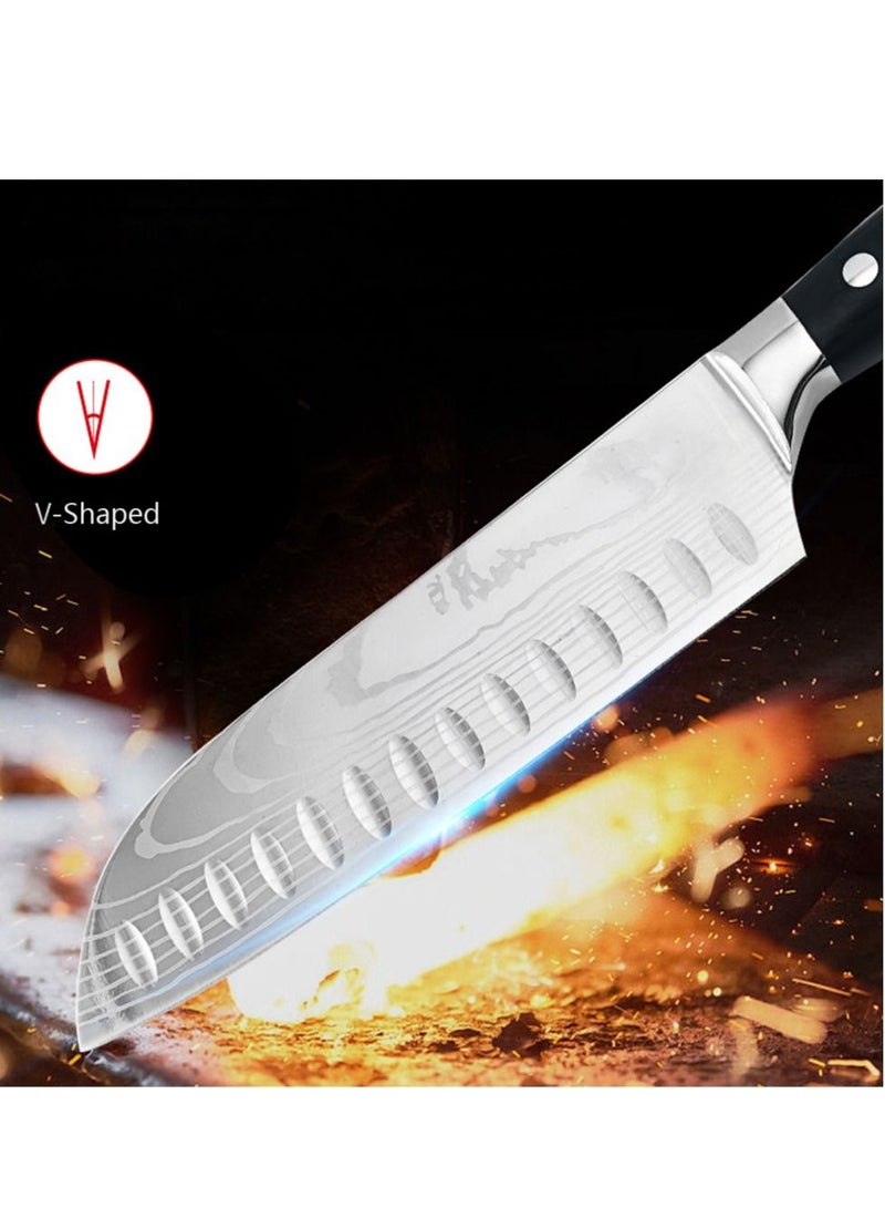 Kitchen Knife Santoku Knife 7 inch High Carbon Stainless Steel 7Cr17Mov Chef Knife Super Sharp Multipurpose Chopping Knife for Meat Vegetable Fruit with Ergonomic Wood Handle Black