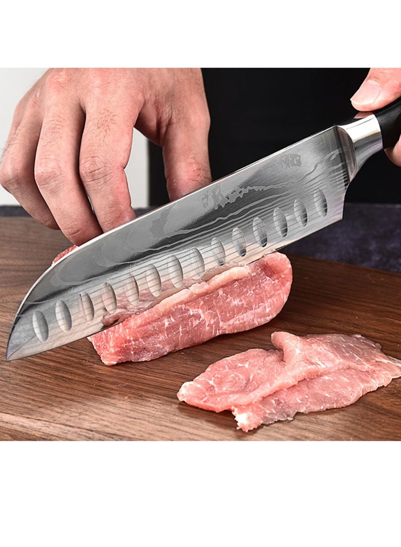 Kitchen Knife Santoku Knife 7 inch High Carbon Stainless Steel 7Cr17Mov Chef Knife Super Sharp Multipurpose Chopping Knife for Meat Vegetable Fruit with Ergonomic Wood Handle Black