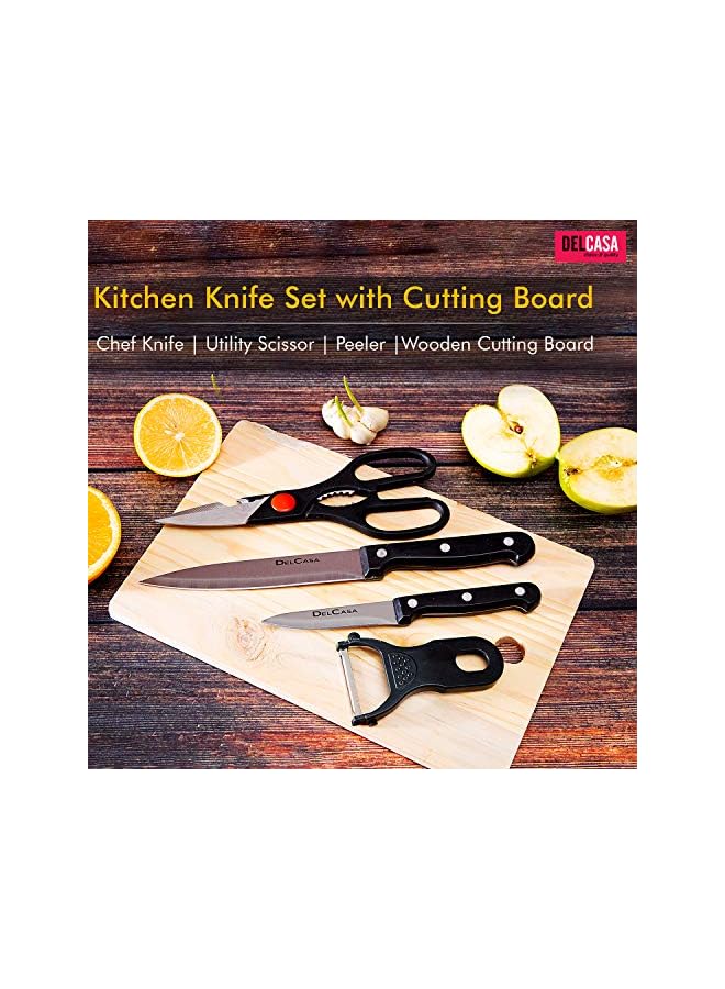 Dc1013 5 Pcs Kitchen Knife Set With Cutting Board Complete Set With Paring Knife, Chef Knife, Peeler, Utility Knife & Cutting Board Stainless-Steel Sharp Blades Best Kitchen Gift, Multi-Colour