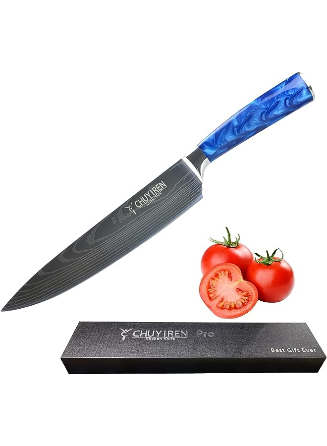 Knife 8 Inches, Professional Chopping Knife, High Carbon Steel Forged Ultra Sharp Kitchen Knife with Ergonomic Blue Resin Anti Slip Handle and Gift Box