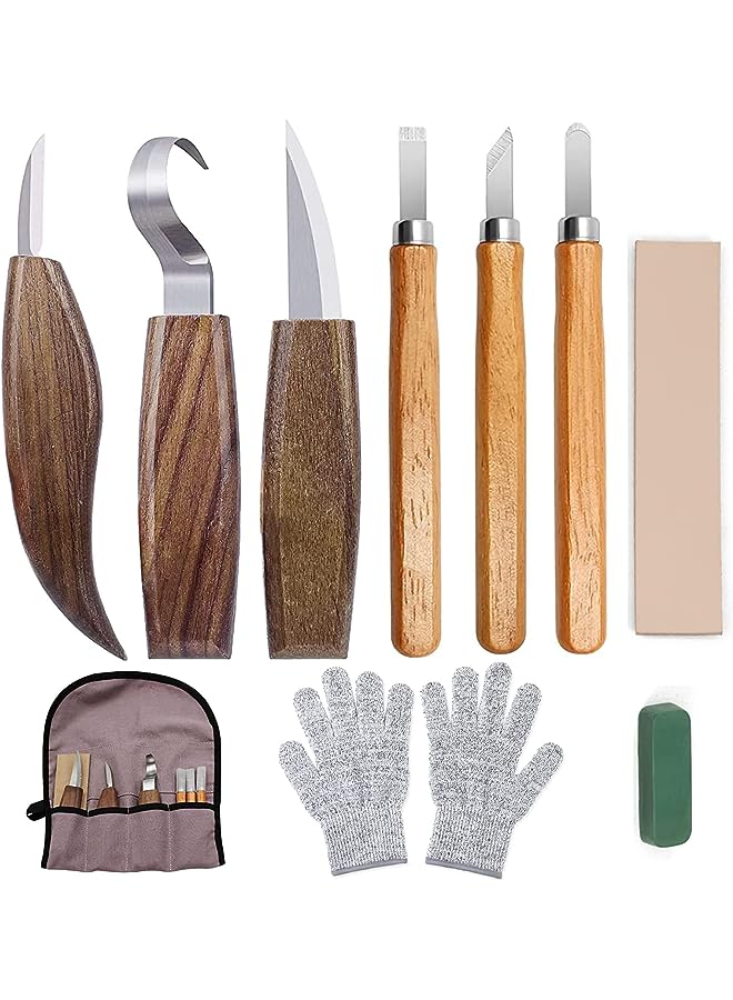 Wood Carving Kit, Convenient Tools Set Cut Resistant Gloves Spoon Carving Hook Knife, Wood Carving Whittling Knife, Chip Carving Detail Knife Sandpaper for Woodworking