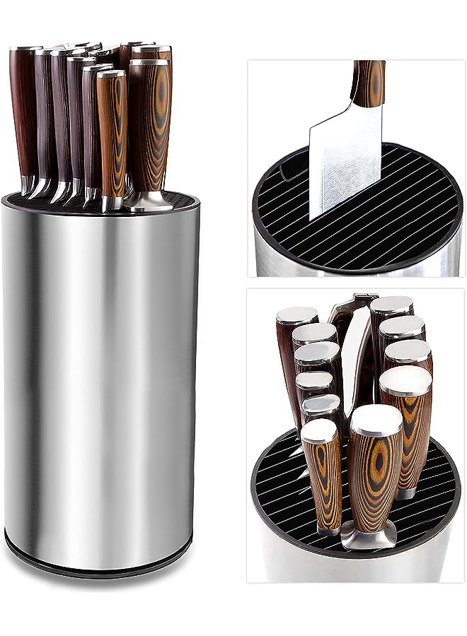 Knife Block, Knife Holder with Slots for Scissors & Sharpening Rod - Stainless Steel Kitchen Knife Holder with Removable Bottom for Easy Cleaning – Rust Proof Knife Organizer