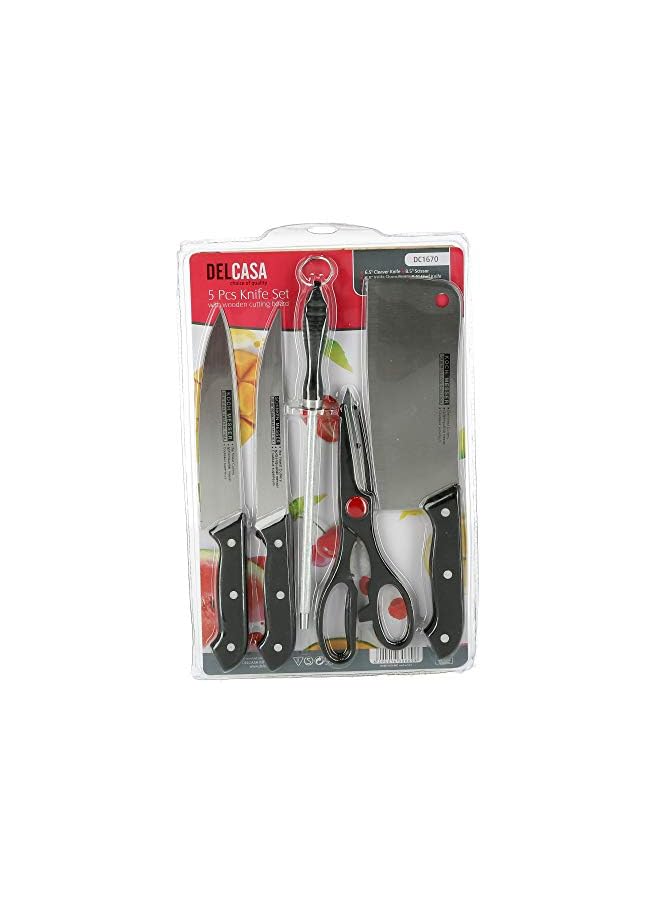 5Pc Knife Set With Wooden Cutting Board Kitchen Knife Set, 5 Pcs Kitchen Knife Set With Cutting Board, Dc1670