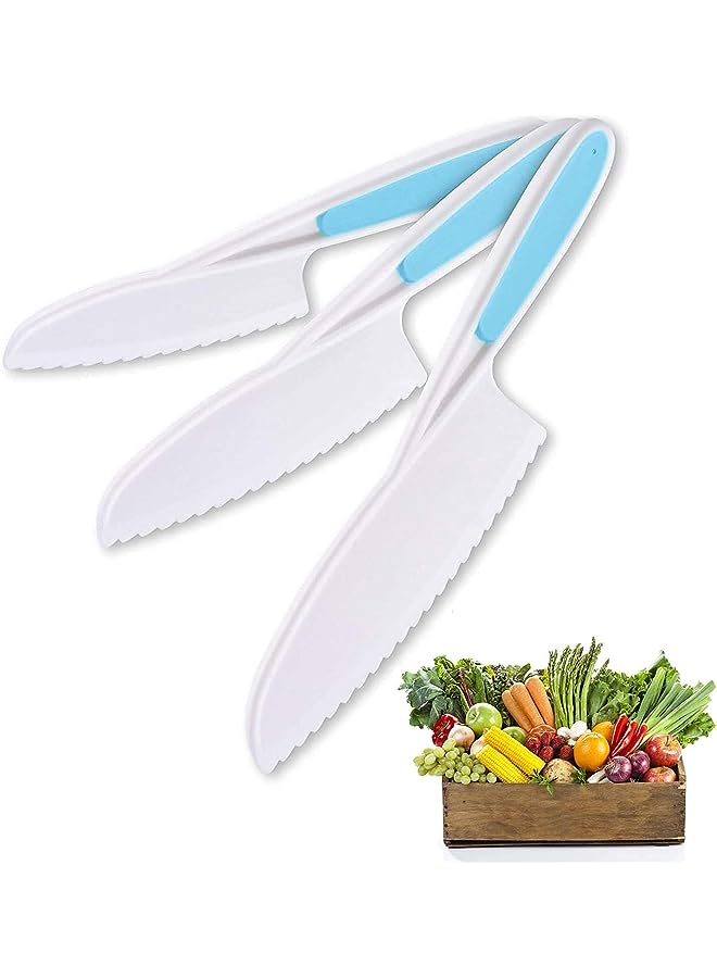 Kids Knife Set for Cooking and Cutting Fruits, Veggies Cake Perfect Starter Knife Set for Little Hands in the Kitchen Nylon Knife Fun Safe Lettuce Knife for Kids Children, 3-Piece (Blue)