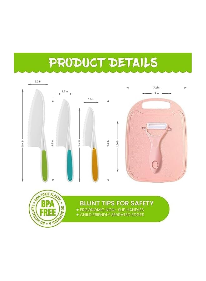 Kids Knifes Set,5Pack Knives Safe Baking Cutting Cooking Children's Beginners Cut Fruits Salad Veggies CakeFun Firm Grip Serrated Edges Friendly Childrens Knife With Board Peeler (PINK)