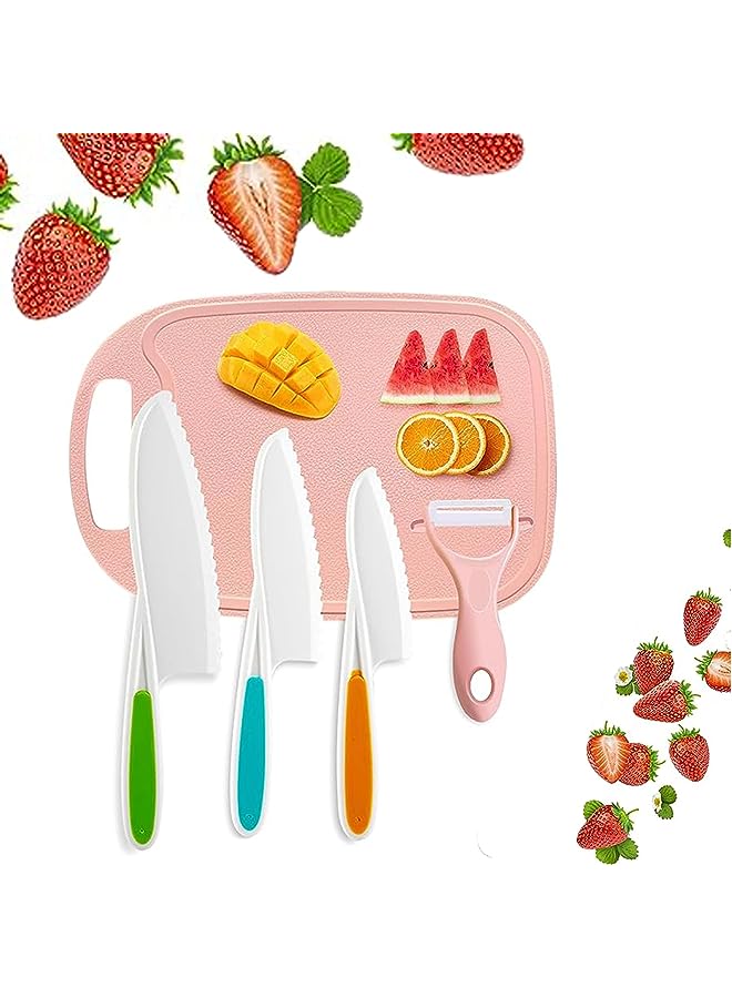 Kids Knifes Set,5Pack Knives Safe Baking Cutting Cooking Children's Beginners Cut Fruits Salad Veggies CakeFun Firm Grip Serrated Edges Friendly Childrens Knife With Board Peeler (PINK)