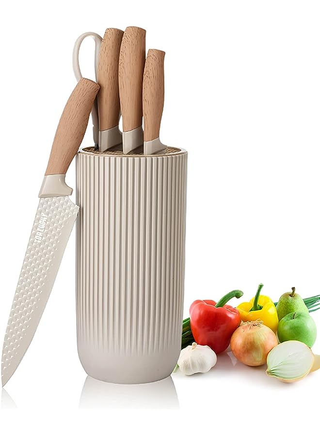 Knife Set, Retrosohoo 6-Pieces Khaki Sharp Knife Set for Kitchen, Non-stick Non-slip Stainless Steel Chef Knife Set with Universal Knife Block Suitable for Home Restaurant (Khaki)