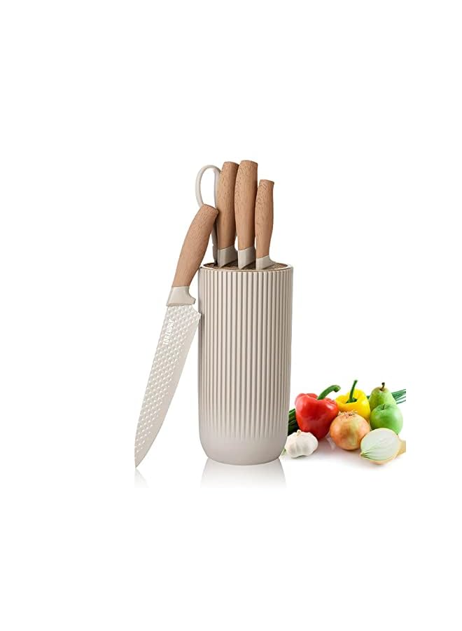 Knife Set, Retrosohoo 6-Pieces Khaki Sharp Knife Set for Kitchen, Non-stick Non-slip Stainless Steel Chef Knife Set with Universal Knife Block Suitable for Home Restaurant (Khaki)