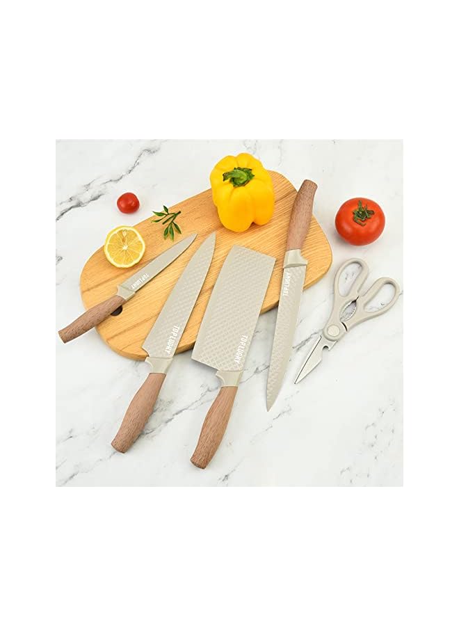 Knife Set, Retrosohoo 6-Pieces Khaki Sharp Knife Set for Kitchen, Non-stick Non-slip Stainless Steel Chef Knife Set with Universal Knife Block Suitable for Home Restaurant (Khaki)